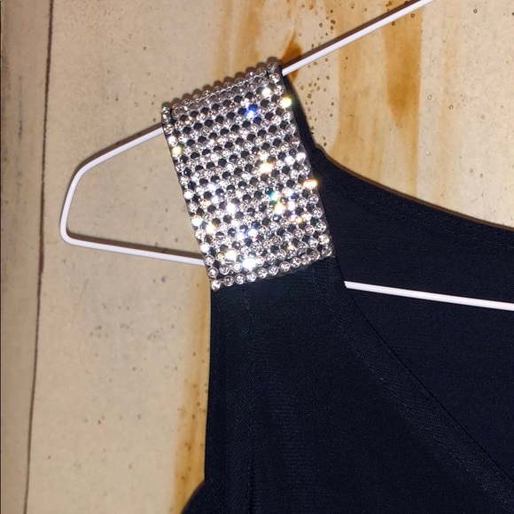 navy blue open shoulder dress w rhinestone straps - Picture 2 of 2